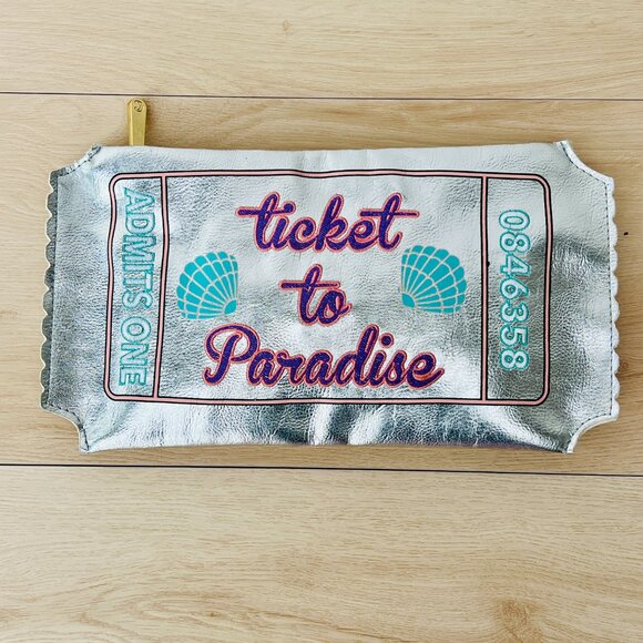 Charming Charlie "Ticket to Paradise" Silver Clutch Purse 13" x 7" / Whimsical - Picture 1 of 16